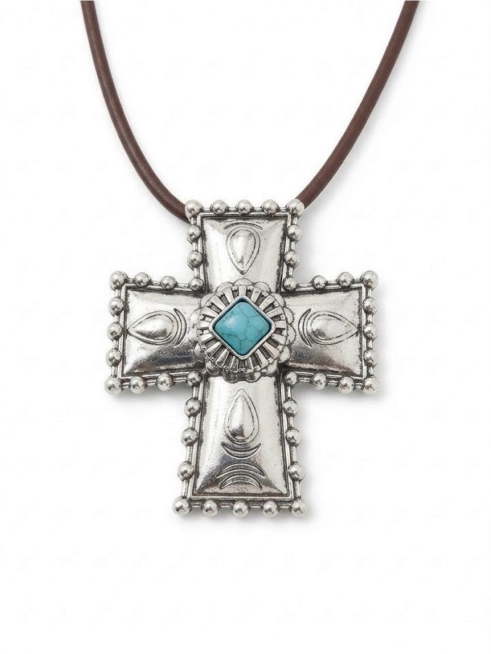 Artisan Silver Cross Pendant Necklace with Turquoise Accent